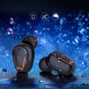 Two black wireless earbuds with orange accents, labeled L and R, sit on a wet surface with water droplets. Symbols highlight their waterproof feature against a blue backdrop, ensuring high-quality sound in this TWS innovative simple wireless Bluetooth headset.