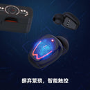 A sleek pair of black TWS innovative simple wireless Bluetooth headsets is set against a blue digital backdrop. The glowing fingerprint on one earbud emphasizes smart touch control and high-quality sound, with Chinese text visible at the bottom.