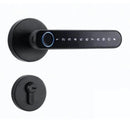 The Smart Door Lock Opens At A Touch is a black smart door lock with a number touchpad, biometric fingerprint tech, and a round base. It features a separate keyhole component for traditional access.