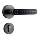 The Smart Door Lock Opens At A Touch boasts a numeric keypad for keyless entry and biometric tech for extra security. It features numbers 1-9, a circular touchpad, fingerprint storage, and includes a traditional keyhole within its sleek black handle.
