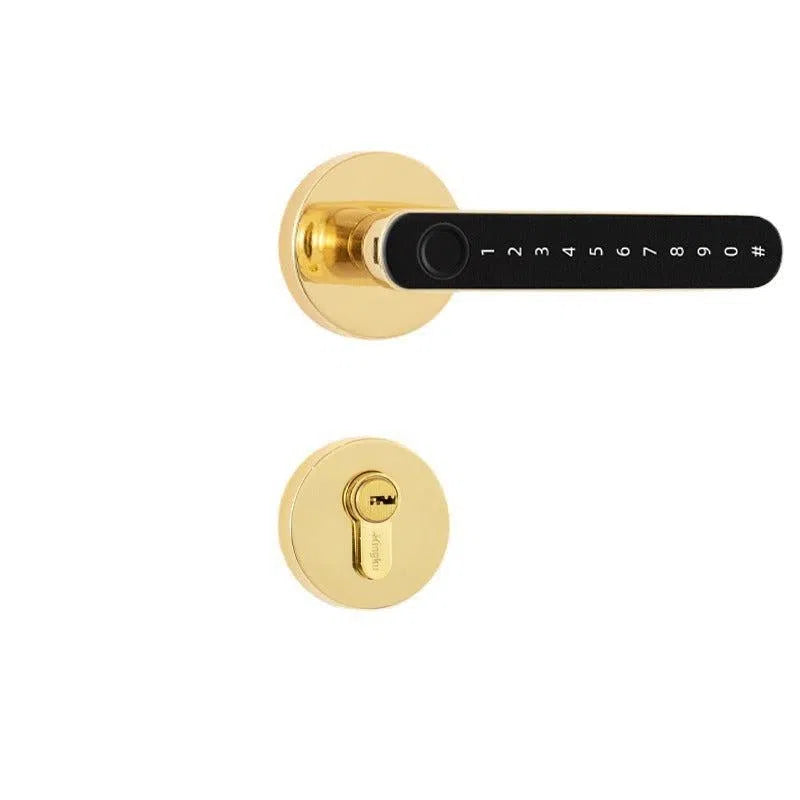 The Smart Door Lock Opens At A Touch showcases a sleek black electronic keypad with numbers, complemented by a gold round handle and cylindrical keyhole. It integrates biometric fingerprint storage for enhanced security, all within a minimal and contemporary design.