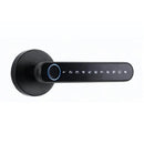 The Smart Door Lock Opens At A Touch features a modern design with a sleek black handle. It includes illuminated numbers 0 to 9 for keypad entry and biometric technology for fingerprint storage. A circular light elegantly surrounds the keyhole area.