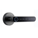 The Smart Door Lock Opens At A Touch features a sleek black handle with numeric buttons for keyless entry, biometric technology with a circular sensor ring, and advanced fingerprint storage in a modern minimalist design for enhanced security.