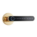 The Smart Door Lock Opens At A Touch features a gold handle with a black touchpad displaying numbers 0-9, integrates biometric fingerprint technology, and has a sleek, modern design with a circular base.