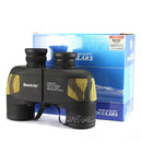 Black and camo-patterned Bushil Waterproof Binocular Coordinate Ranging Telescope with 10X magnification is displayed in front of a blue box. The box features white text and shows a cloudy sky, with specifications printed in white on the front.