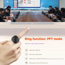 In a conference room, people watch a presentation while, in the foreground, someone wears a Wearable Finger Ring Bluetooth 5.0 Remote Control Smart Wireless Controller on their index finger to easily navigate page up, page down, and full screen.