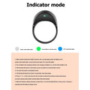 Image of Wearable Finger Ring Bluetooth 5.0 Remote Control with a small green and blue light labeled Indicator mode. Legend explains white for audio, green for normal mode, and blue for PTT, plus function instructions for the smart wireless controller.