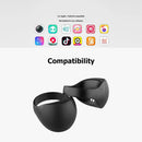Two black Wearable Finger Ring Bluetooth 5.0 Remote Control Smart Wireless Controllers are shown below colorful app icons, showcasing their compatibility with Apple and Android devices. They blend style and function on a pristine white background.