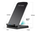 This sleek black wireless mobile phone charger features FAST CHARGE text and a slanted design, with dimensions of 12.5 cm (H) x 7 cm (W) x 7.5 cm (base depth). It stands at a 60° angle, uses a micro USB interface, and includes a small blue light indicator.