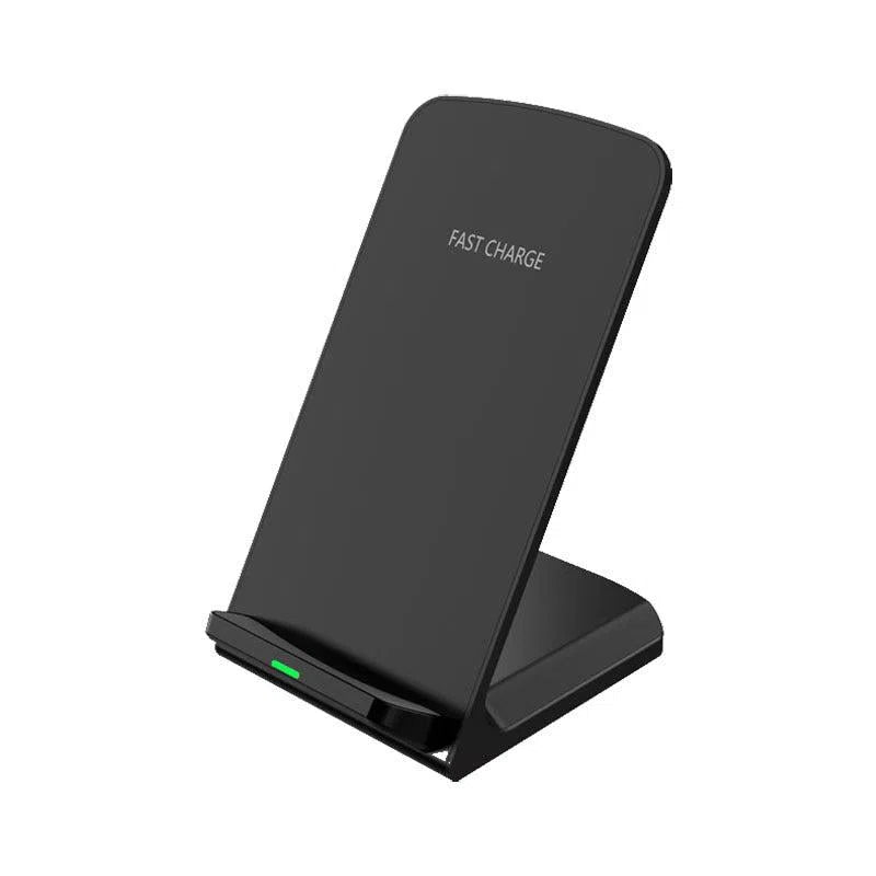 A sleek black wireless phone charger stand with FAST CHARGE lettering features a micro USB interface and a green light at the base, indicating its powered up and ready for quick charging.