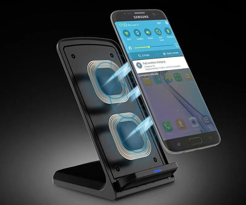 A smartphone hovers above the Wireless Mobile Phone Charger. Visible coils work through the micro USB, while notifications appear on the screen, announcing fast charging in progress.