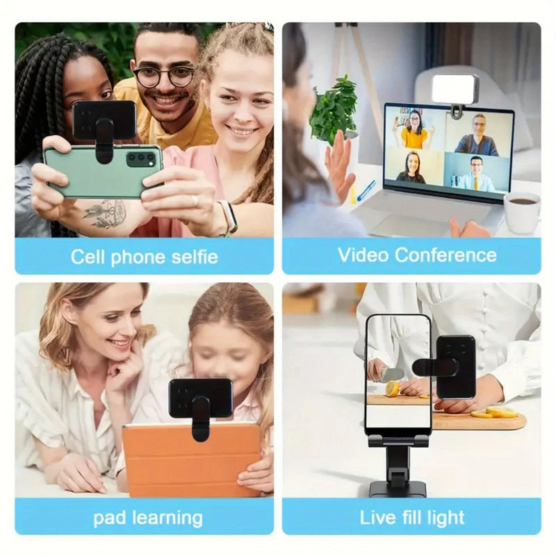 A collage of four images shows uses for the Mini Selfie Fill Light: taking group selfies, video conferencing, tablet learning, and enhancing phone videos with adjustable 3-color LED lighting.