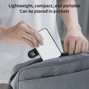 A person slips the Mini Selfie Fill Light, a compact, white LED with a black edge, into a gray bag’s front pocket. Text above reads: Lightweight and portable—fits in pockets. Features 3 color modes and adjustable brightness.