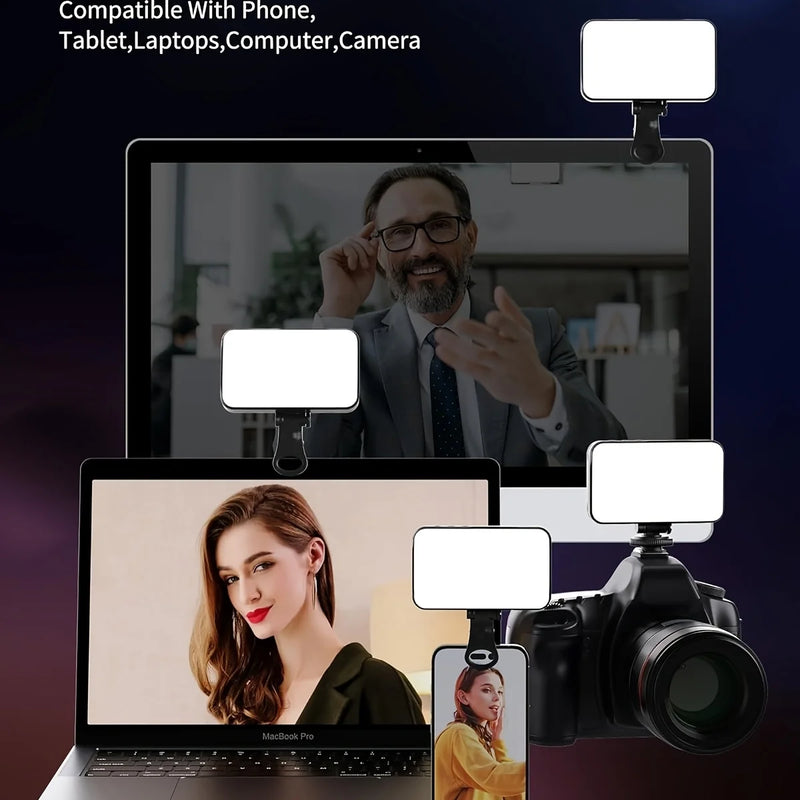 A Mini Selfie Fill Light with 3 color modes and adjustable brightness clips onto phones, tablets, laptops, computers, and cameras to illuminate your screen—compatible with multiple devices for perfect lighting in any situation.