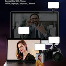 A photo shows the Mini Selfie Fill Light—an LED panel with 3 color modes and adjustable brightness—clipped to a desktop, laptop, smartphone, and camera during video calls or photo shoots. Text highlights compatibility with phones and computers.