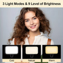 A smiling young woman with wavy brown hair poses with the Mini Selfie Fill Light—three rectangular LED panels labeled Cold, Natural, and Warm. Text above: "3 Light Modes & 9 Level of Brightness." Perfect for phones and computers.
