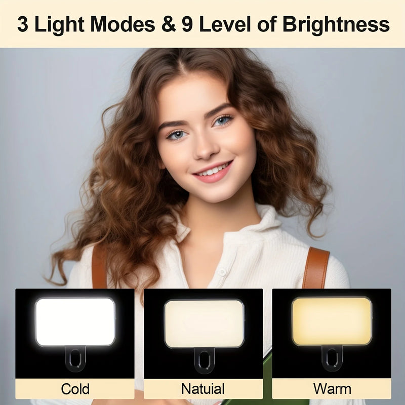 A smiling young woman with wavy brown hair poses with the Mini Selfie Fill Light—three rectangular LED panels labeled Cold, Natural, and Warm. Text above: "3 Light Modes & 9 Level of Brightness." Perfect for phones and computers.
